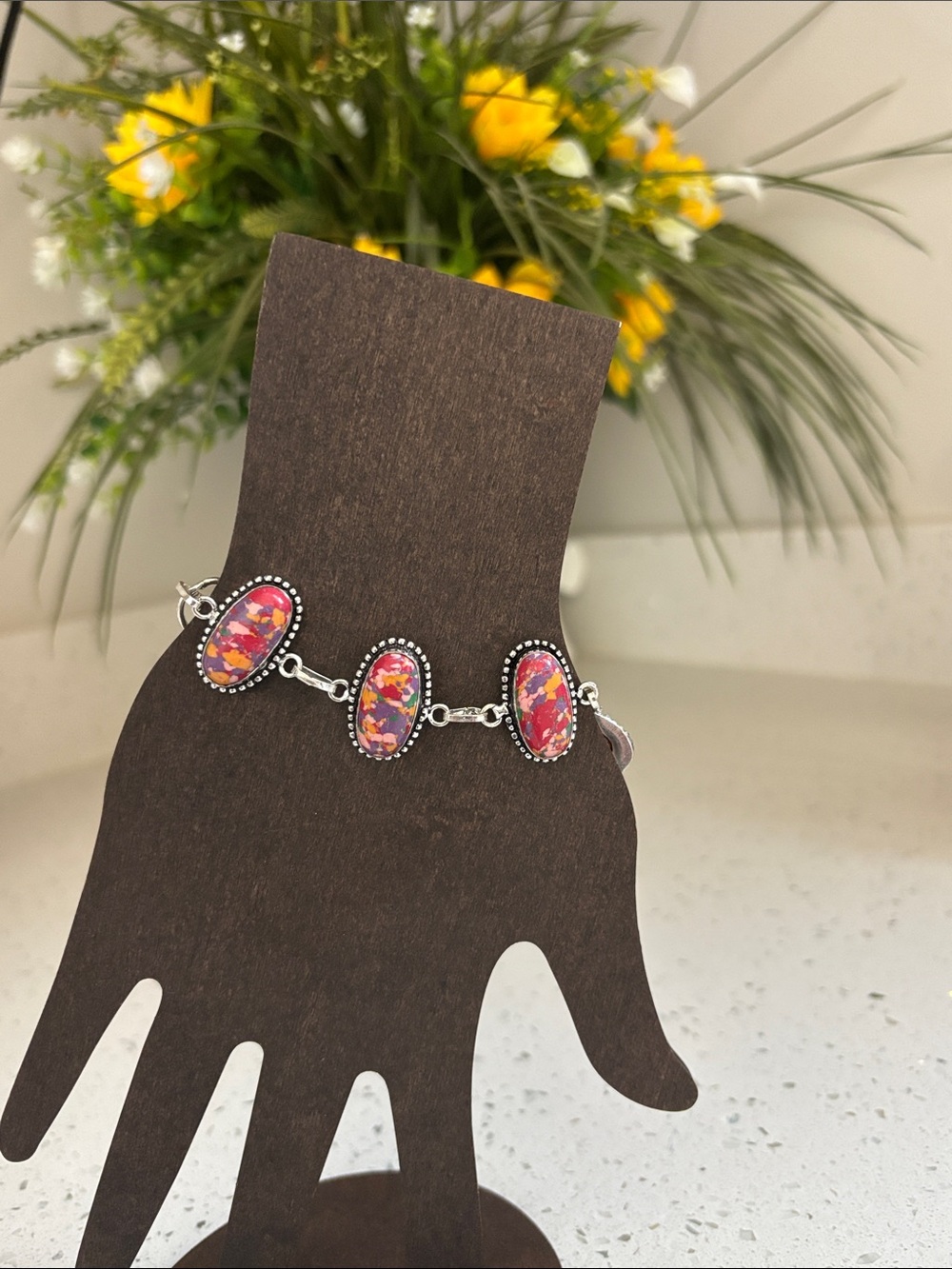 Sterling Silver Mosaic Jasper Gemstone Link Bracelet